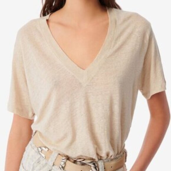 Sz XS IRO Linen Beige Jeyla V-Neck Short Sleeve T-Shirt - Picture 1 of 8